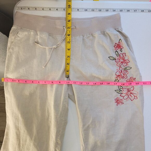 Fluent Life Linen Drawstring Casual Embroidered Pants Sz 6 Beige Neutral Floral - Picture 10 of 12
